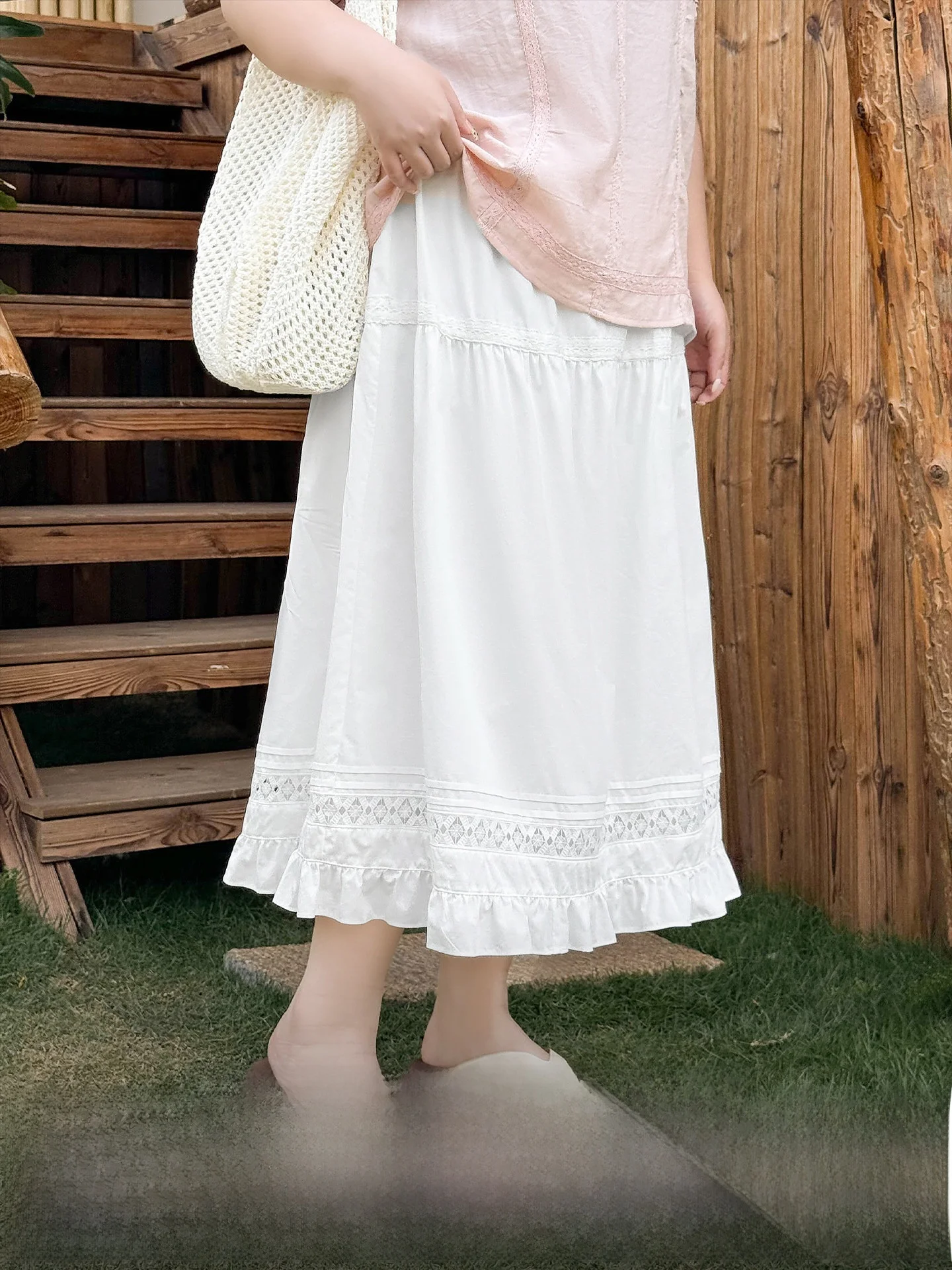 

Женская летняя юбка больших размеров с кружевной отделкой, имитация шелка, плоское плетение, 40 стежков, высокая талия, А-силуэт, повседневная, из смесового хлопка