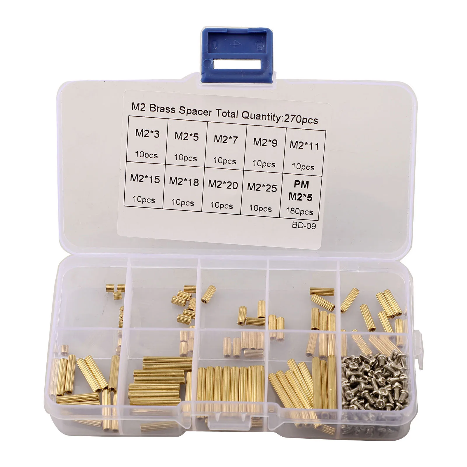 13x7x2cm M2 Spacer Assortment Screw And Nut Set 270pcs Assortment Brass Hex Spacers Clear Storage Box For Electronics Assembly