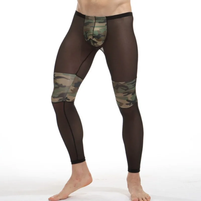 

Camouflage Mesh Sports Mens Sexy Shapers Long Panties Slim Fit Male See-Through Shapewear Underwear Patchwork Home legging pants