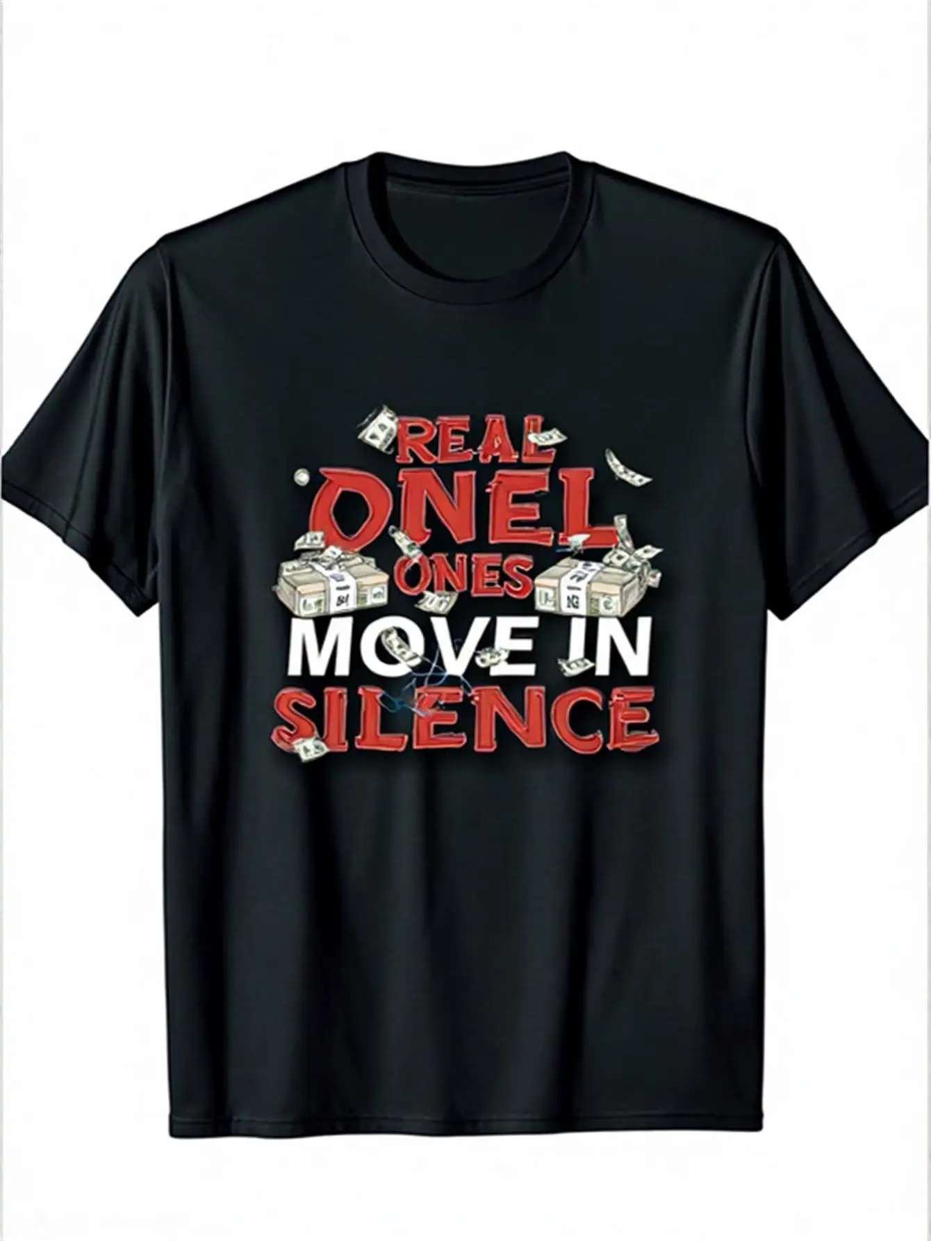 

Men's Bold True Action Silent Money Pattern T-Shirt in Black with Red and White Dollar Bill Design, Loose Fit, Breathable Crew Neck, 100% Cotton, Casual Streetwear Suitable for Daily and Formal Occasions