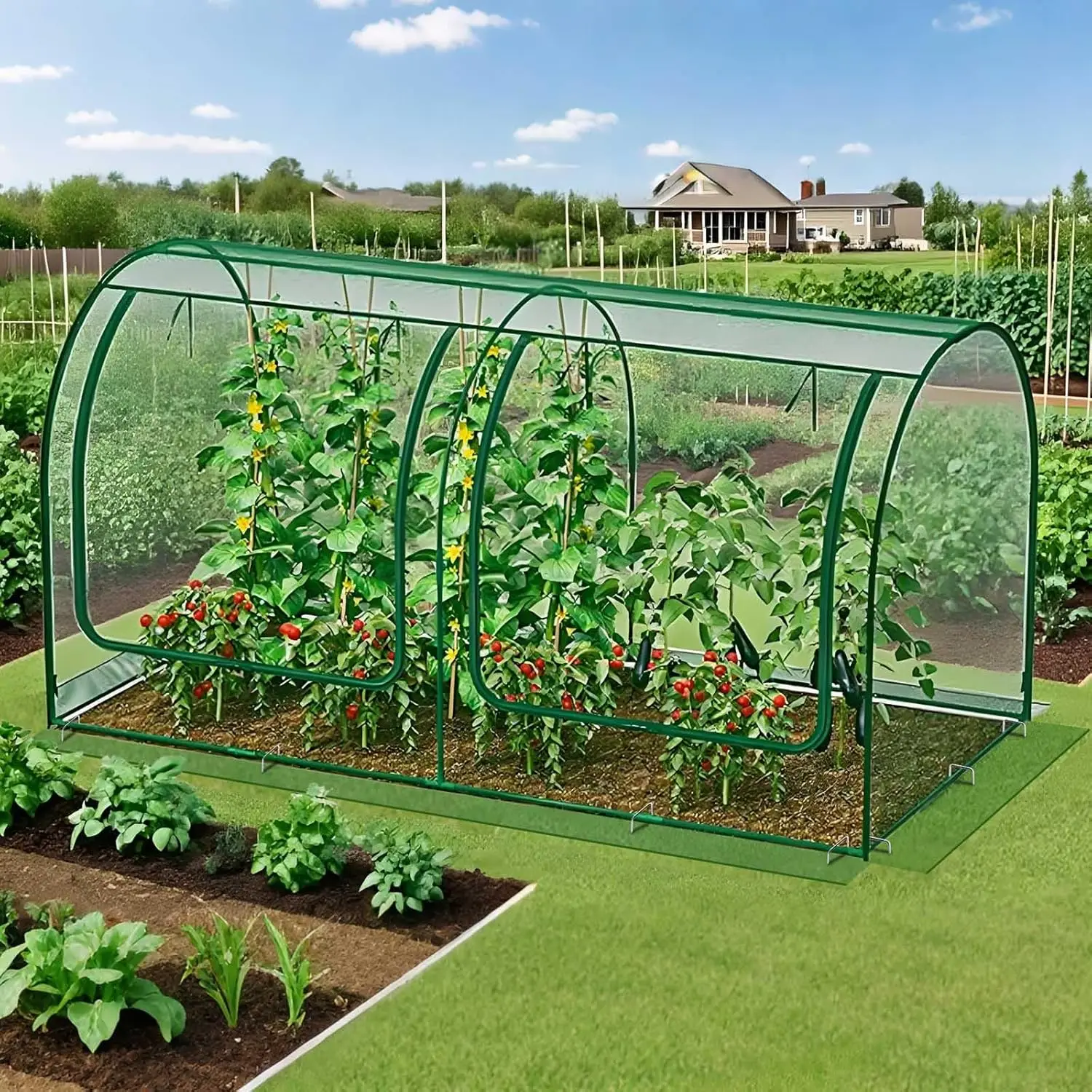 

1 Set Crop Cage for Garden Plant 8.2 x 4 x 4 ft Raised Bed Cover with Frame Zipper Door Ground Nails Greenhouse Plant Pr