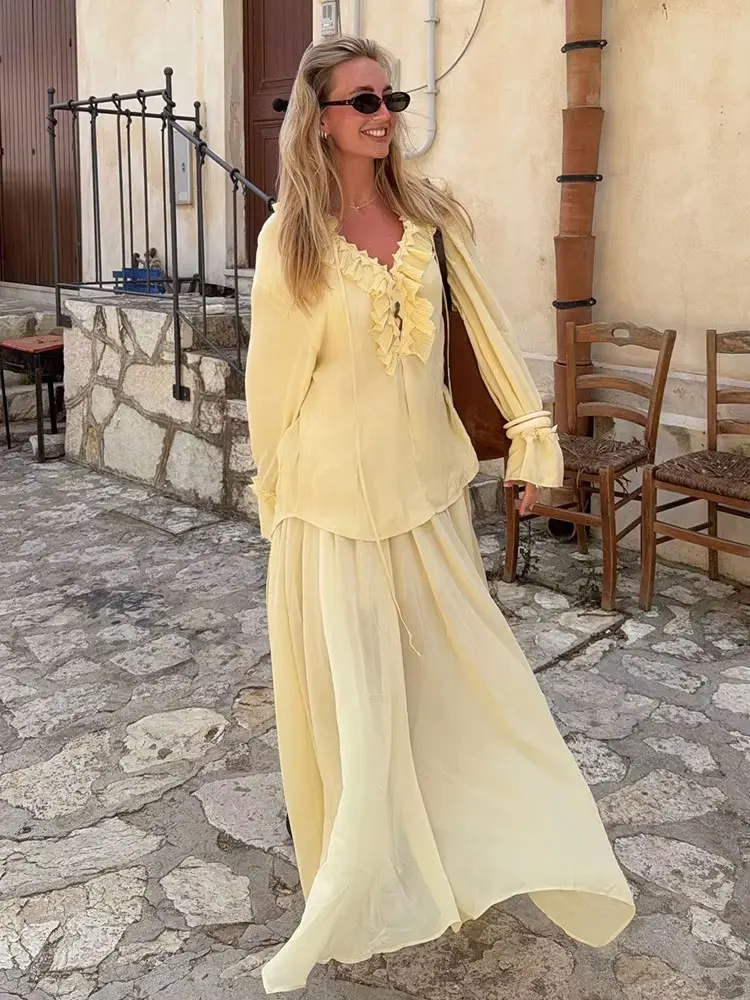 HH Elegantes, gemütliches Chiffon-Set für Damen, Sommer, V-Ausschnitt, Schnürung, geschichtete Bluse + hoher Taillengurt, Faltenrock, lässiger, lockerer Anzug