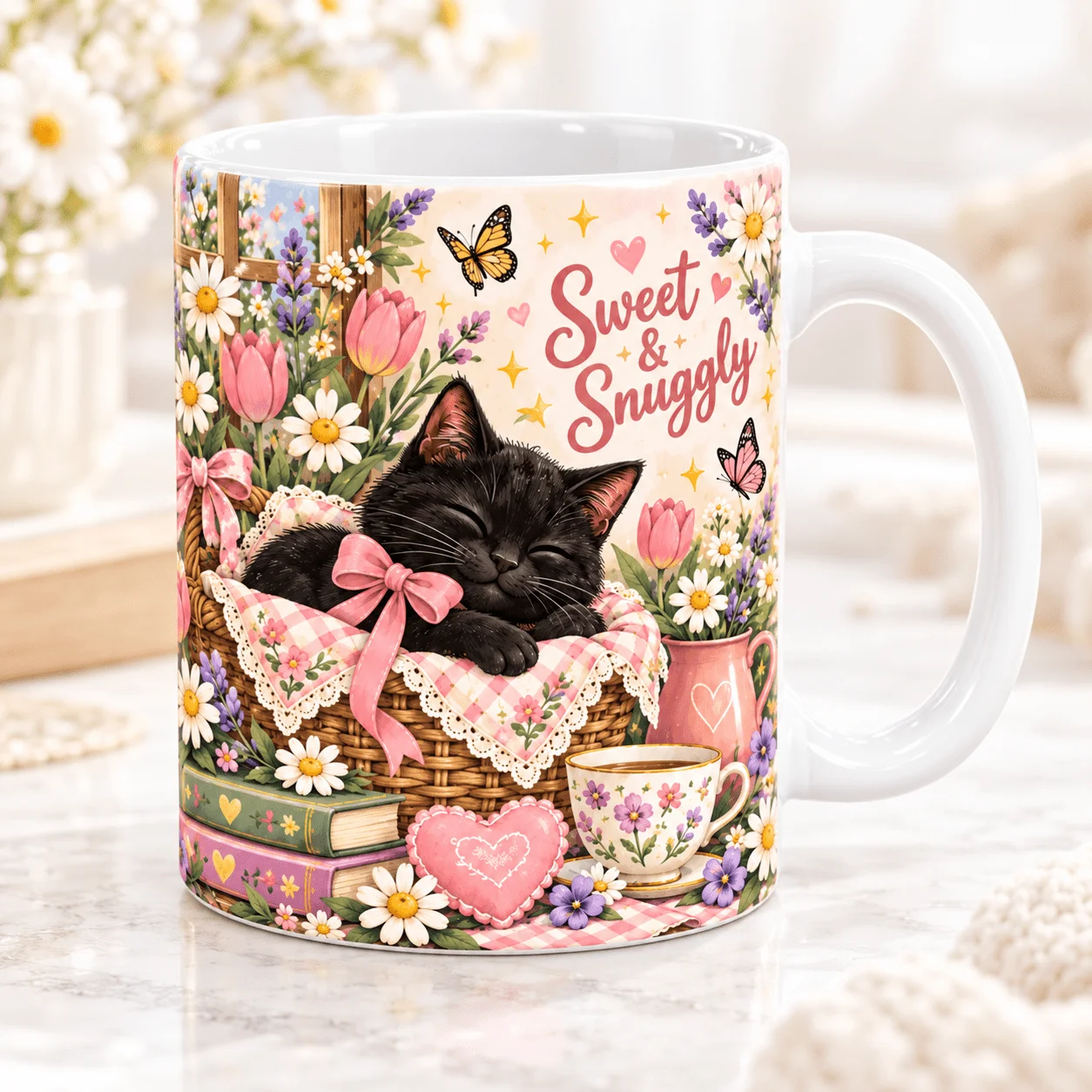 2D1pc 11oz Custom Personalized Sweet Sleep Black Cat Mug, Birthday Gift for Bestie Home Water Cup, Hand Wash Only Microwave Safe