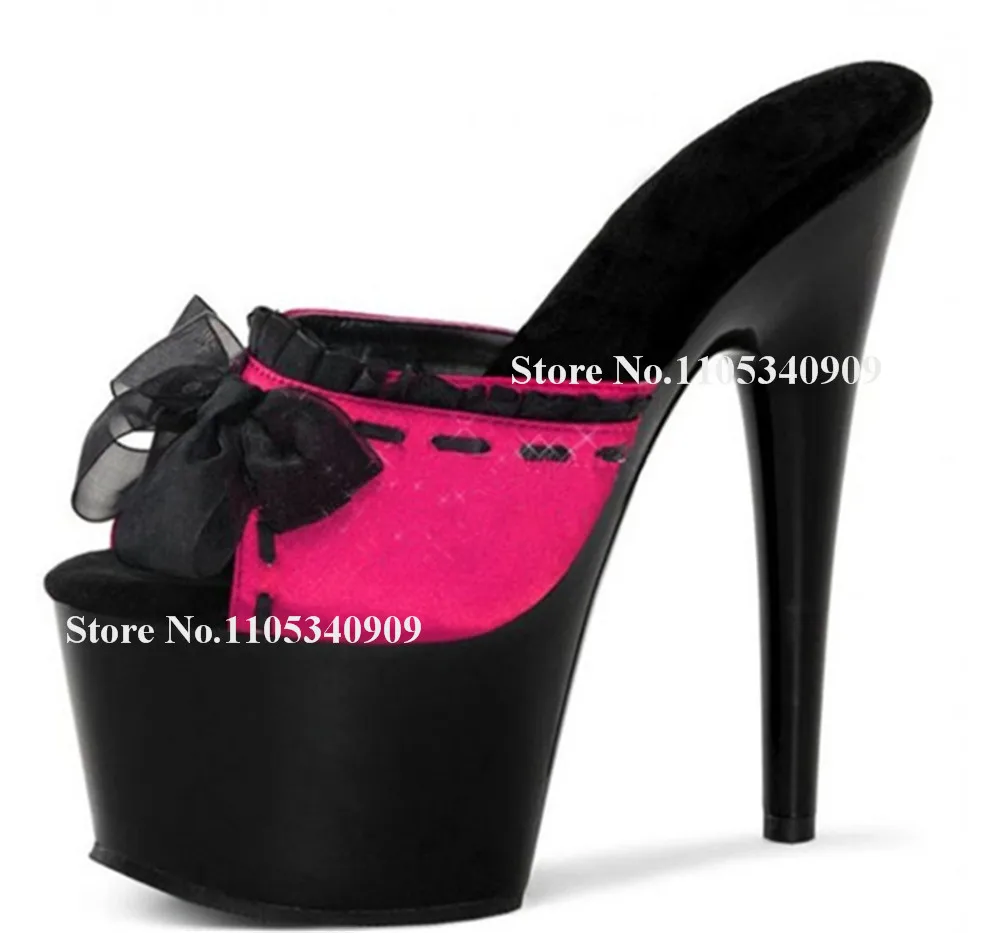 

Bondarenko Sexy Red Pink Patchwork Black Stiletto Heel Slippers Peep Toe Bowtie Ruffles High Platform 17cm Thin Heel Dance Shoes