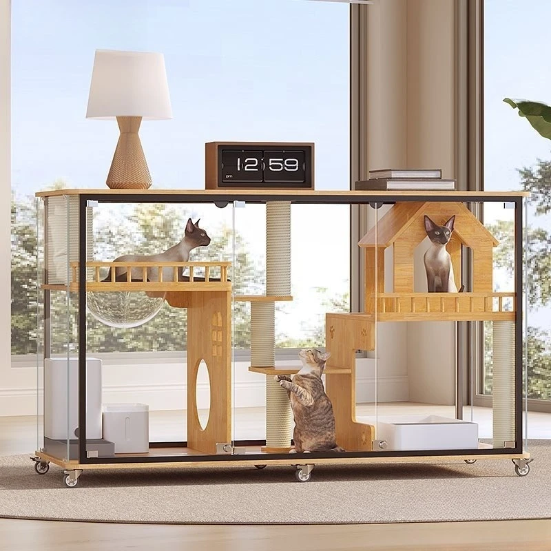 Fresh air  cabinet horizontal indoor transparent house cat villa, panoramic glass est household solid wood cat cage