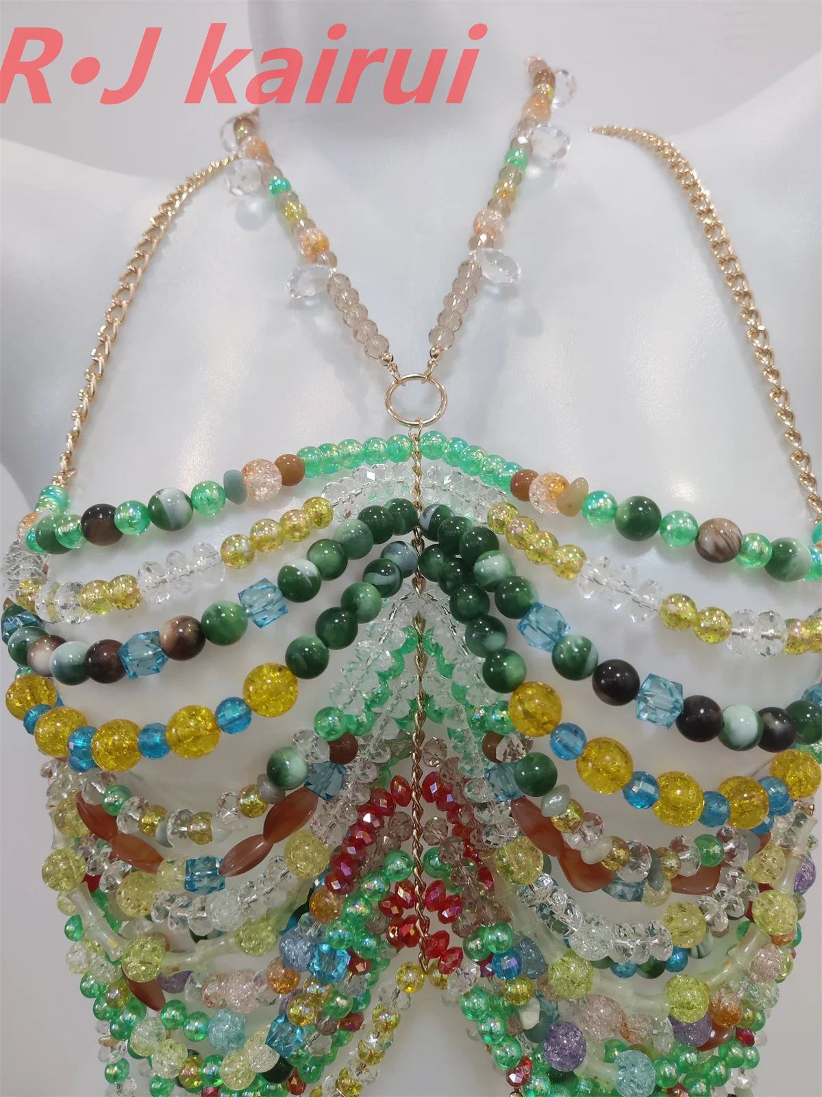 RJ Fashion Sexy Metal Acrylic Neck Body Chain Pastel Colorful Gree Beads Halter Dress Masquerade Stage Party Jewelry Accessories