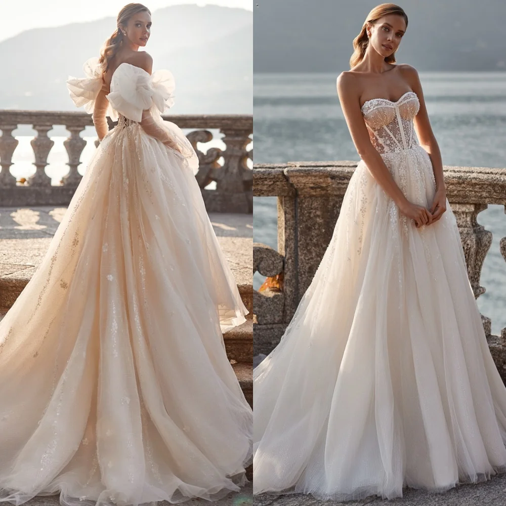 

Customized Classic 2025 Wedding Dresses Detachable Sleeve Strapless Bridal Gowns Charming Chapel Train Wedding Guest Dresses