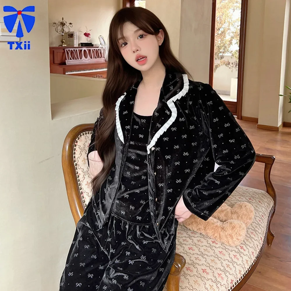 2024 Autumn and Winter New Gold Velvet Pajamas Women's Black High-end Bow Pattern Home Clothes Three-piece Set