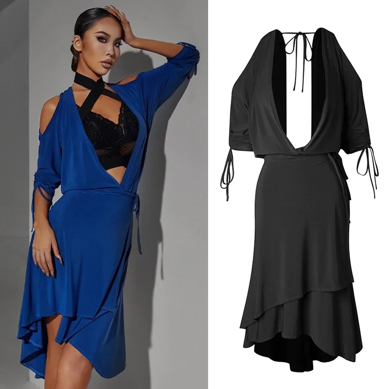 Vestido de dança latina com mangas de tacão feminino, roupas de dança sexy, preto e azul, novo