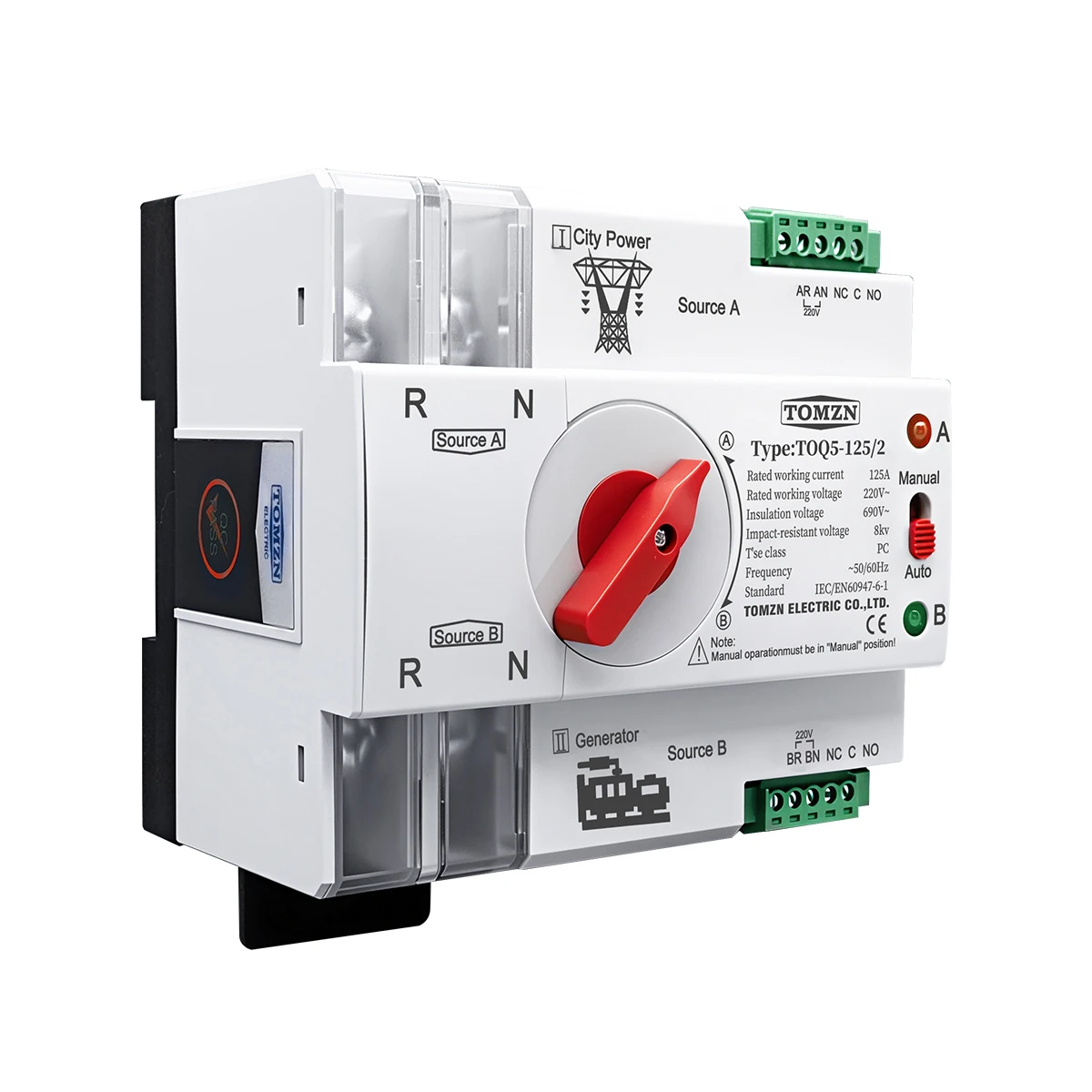 TOMZN Single Phase Din Rail ATS 220V Dual Power Automatic Transfer Electrical Selector Switches Uninterrupted 2P 63A 100A 125A