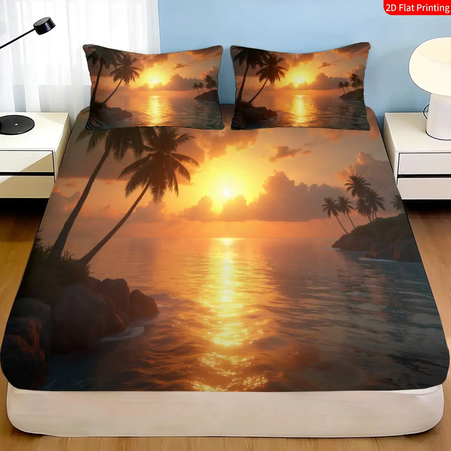 3-Piece Mattress Protector Set, Tropical Coastal Sunset Ocean Theme Bedding, Orange and Blue Gradient Palm Tree and Golden Sun Print Mattress Protector, Stain-Resistant Mattress Cover. Suitable for All Seasons, Machine Washable, Easy to Care For, Suitable for Home Bedrooms, a Must-Have for Dorms and Rentals, Master Bedroom and Guest Room Decoration, Dust-Proof and Stain-Resistant, High Elasticity, Fits Various Sizes