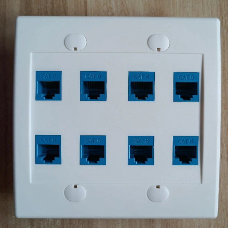 Ethernet Wall Plate 8 Port - Double Gang Cat6 RJ45 Keystone Jack Network Cable Faceplate Female To Female - Blue