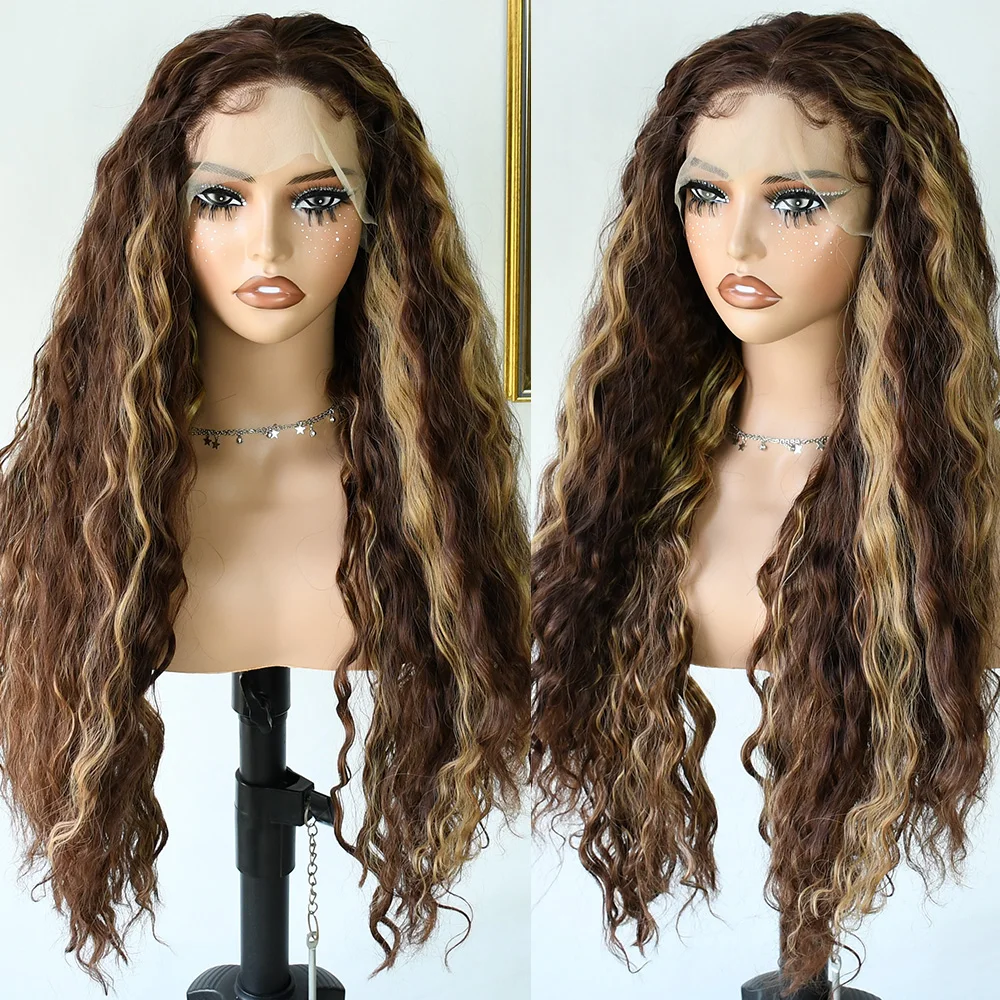 옴브레 블론드 컬리 가발, 루즈 딥 웨이브 레이스 프론탈 가발 (여성용) 13X4 HD 합성 섬유, 프리 플러킹 처리, 파티 및 데일리 착용 가능