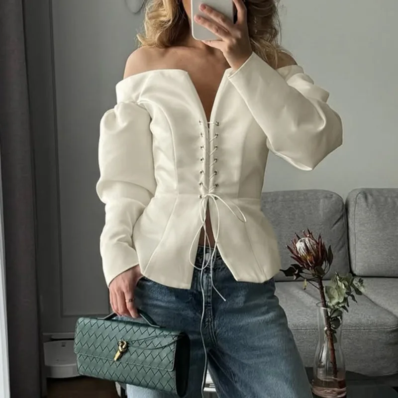 White Off-Shoulder Cardigan Women's Fashion Lace-Up Backless Sexy Shirt Top Elegant Luxury Party Chic Slim Female Top