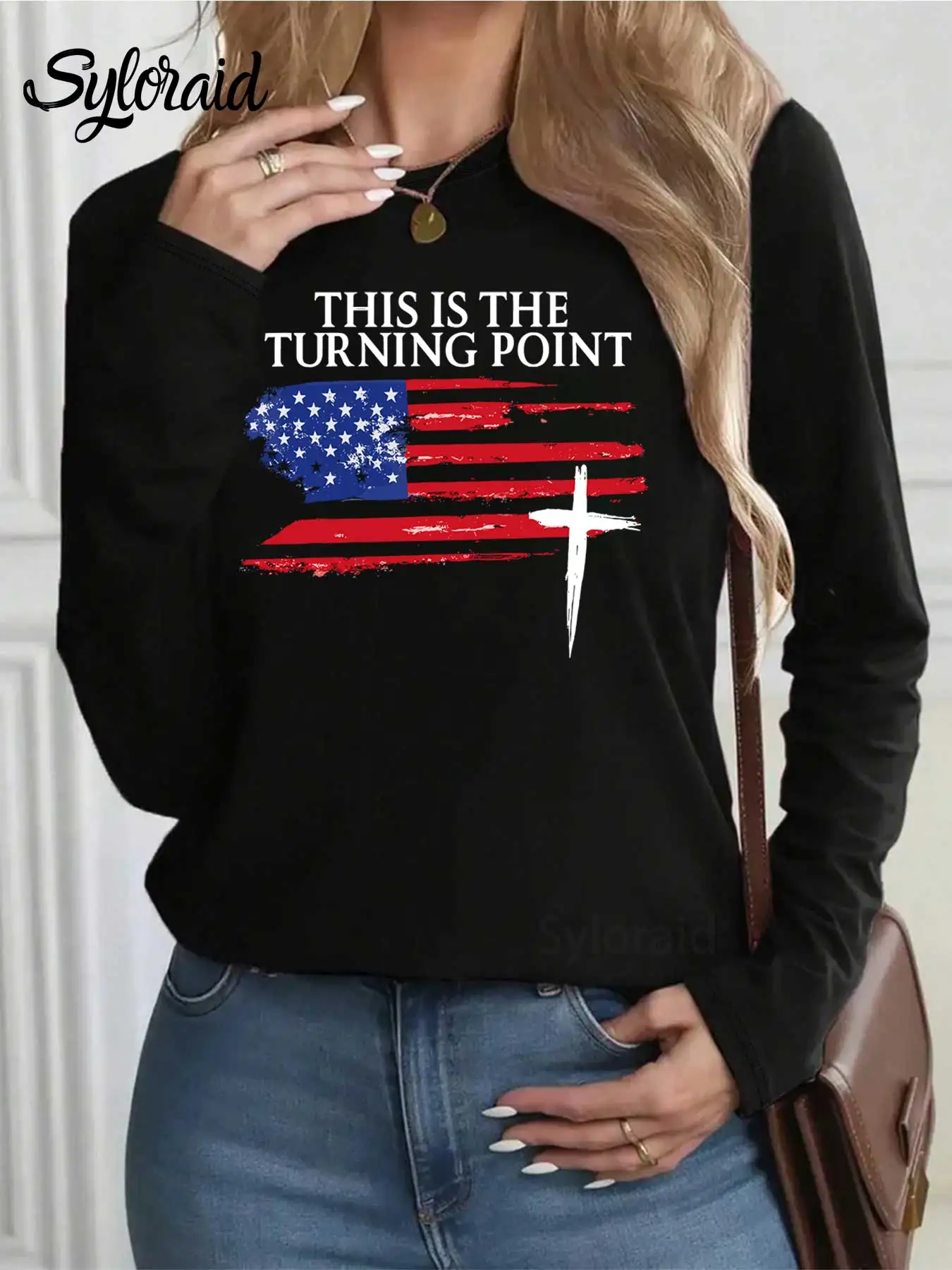 المرأة طويلة الأكمام تي شيرت تحول نقطة طباعة تي شيرت أحمر أبيض أزرق العلم الصليب قميص أزياء جولة الرقبة عارضة أعلى #2