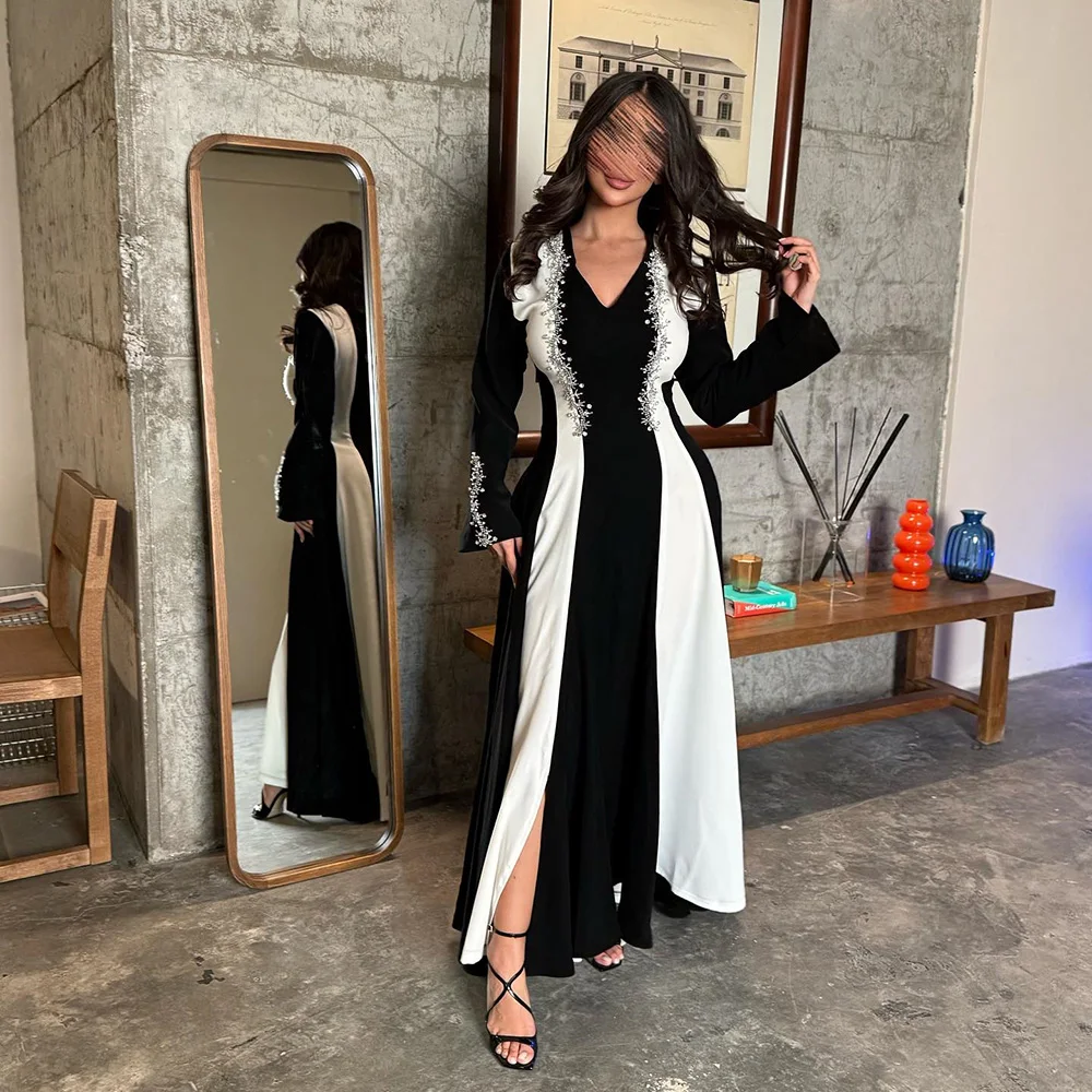 

Customized A-Line Prom Dresses Floor-length V-Neck Full Sleeve Evening Gown Fashion Sequined Crystal Simple Draped Party Gown
