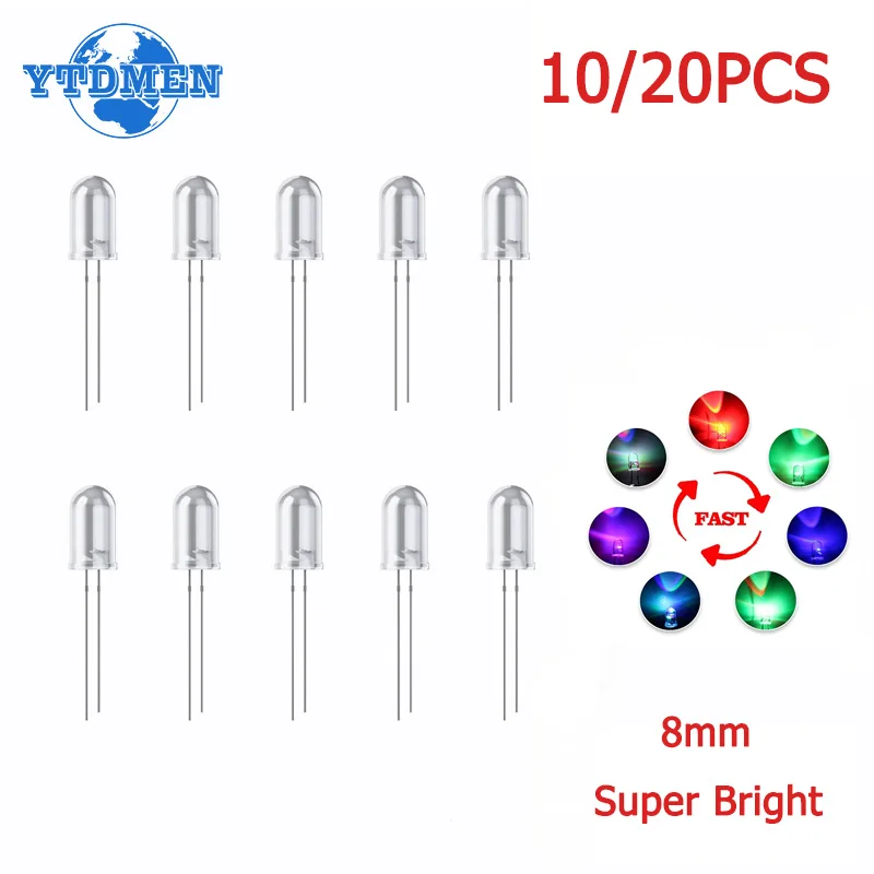 

10/20PCS 8mm LED Diode Super Bright Light Emitting Diodes Multicolor RGB Fast Flashing Transparent Round Diffuse Flash Lamp