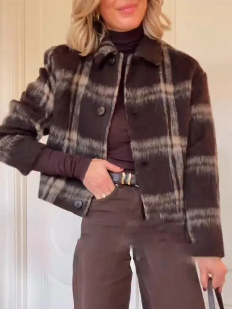 

HH женские однобортные клетчатые пальто со свободными карманами и отложным воротником с длинными рукавами, модная осенняя женская уличная шерстяная короткая куртка