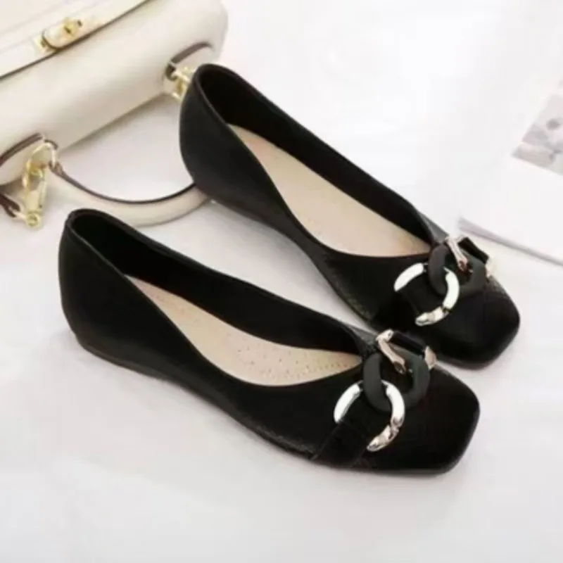 المتسكعون الأسود للربيع والصيف المرأة حذاء مسطح مربع الرأس النساء أحذية عمل مريحة الانزلاق على الأحذية حجم كبير 41 #2