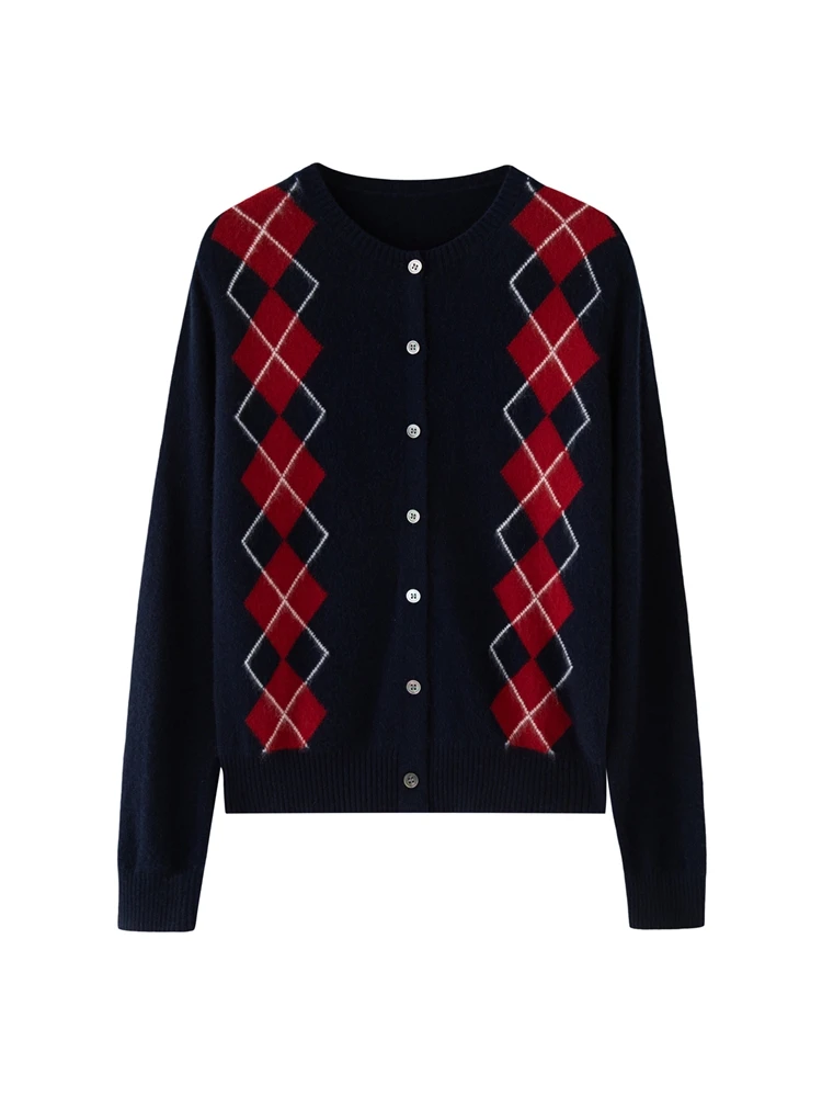 

CHICUU женский кардиган с круглым вырезом, дизайн Argyle, вязаный свитер из 100% кашемира, кардиган с длинными рукавами в консервативном стиле, осенне-зимняя одежда