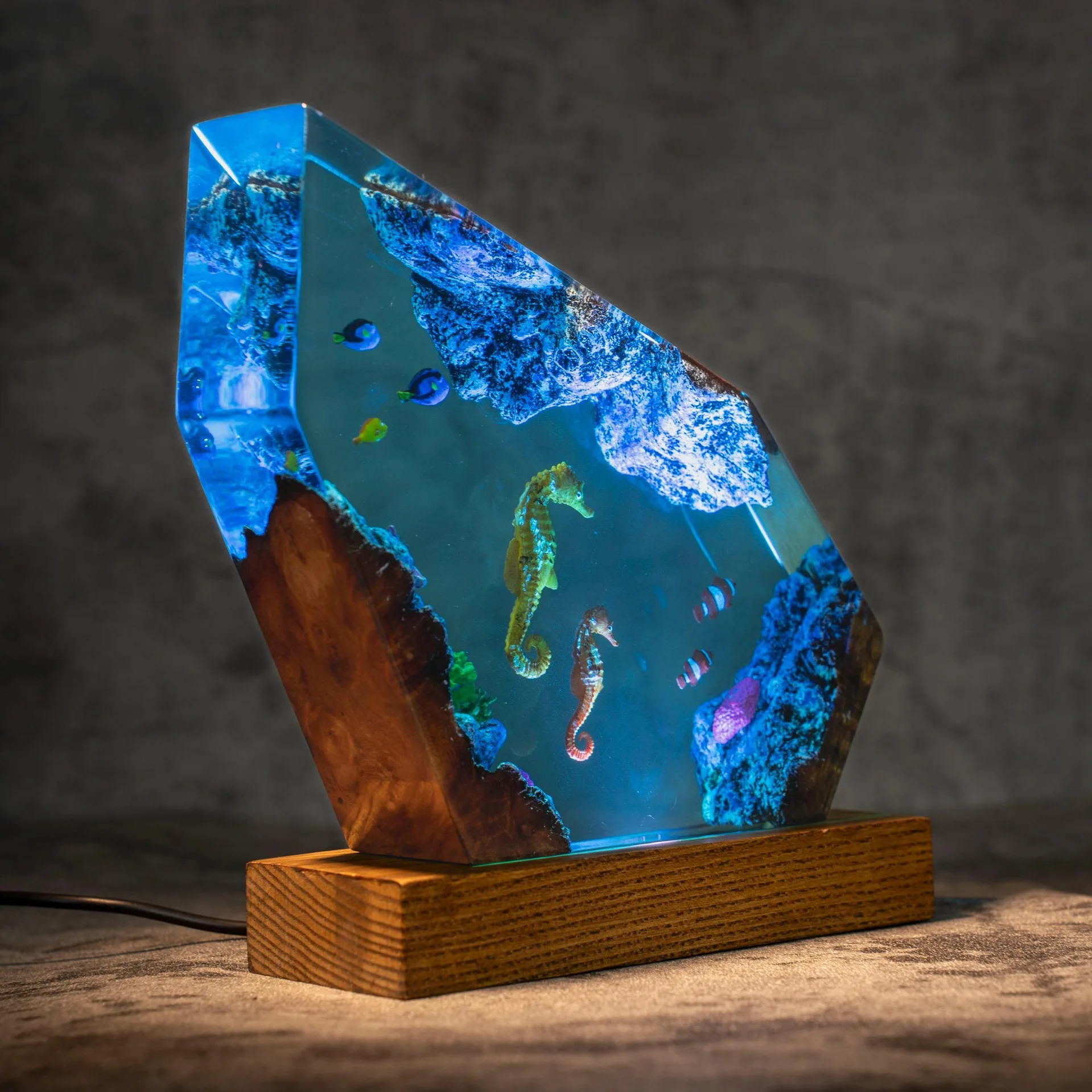 Creative Seahorse and Blue Tang Fish Resin Night Lamp Decorative Piece for Oceanic Biological Exquisite Home Decoration Gift