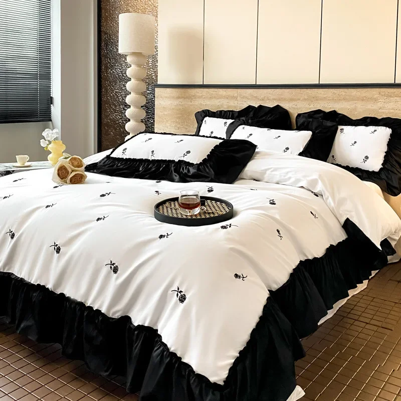 Embroidery Princess Style French Cotton Pure Cotton Jet Bedding New Sheet Four-piece Lace Set