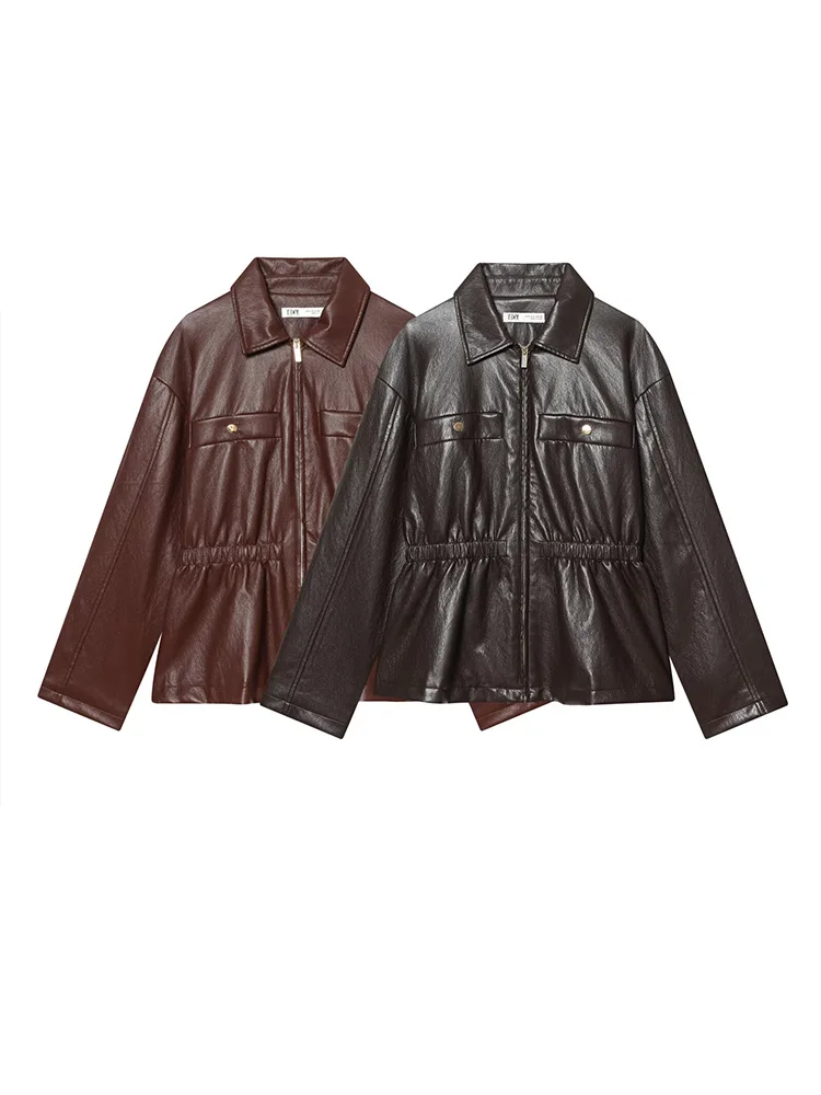 HH Women Elegant Zipper Imitation Leather Elastic Waist Long Sleeve Top Spring Female Button Loose Turn-down Collar Solid Top