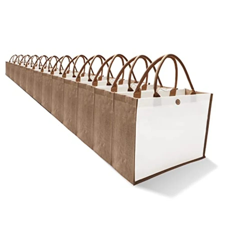

N Set of 10 Burlap Tote Bags with Button Handles - Grocery Bridesmaid Beach Wedding Shopping Travel Arts and Crafts DIY - Large