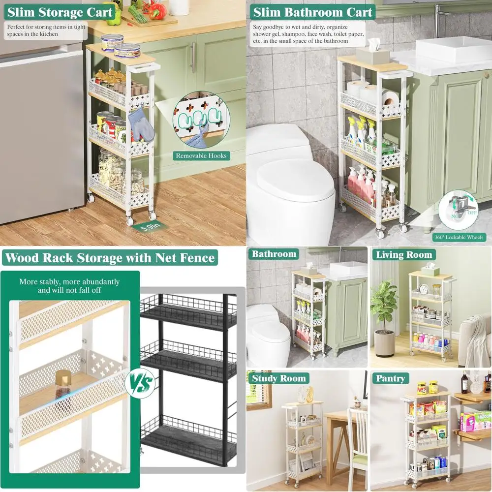 

Белая тележка-органайзер на 4 полки на колесиках – для кухни и ванной, с деревянными полками, для небольших помещений