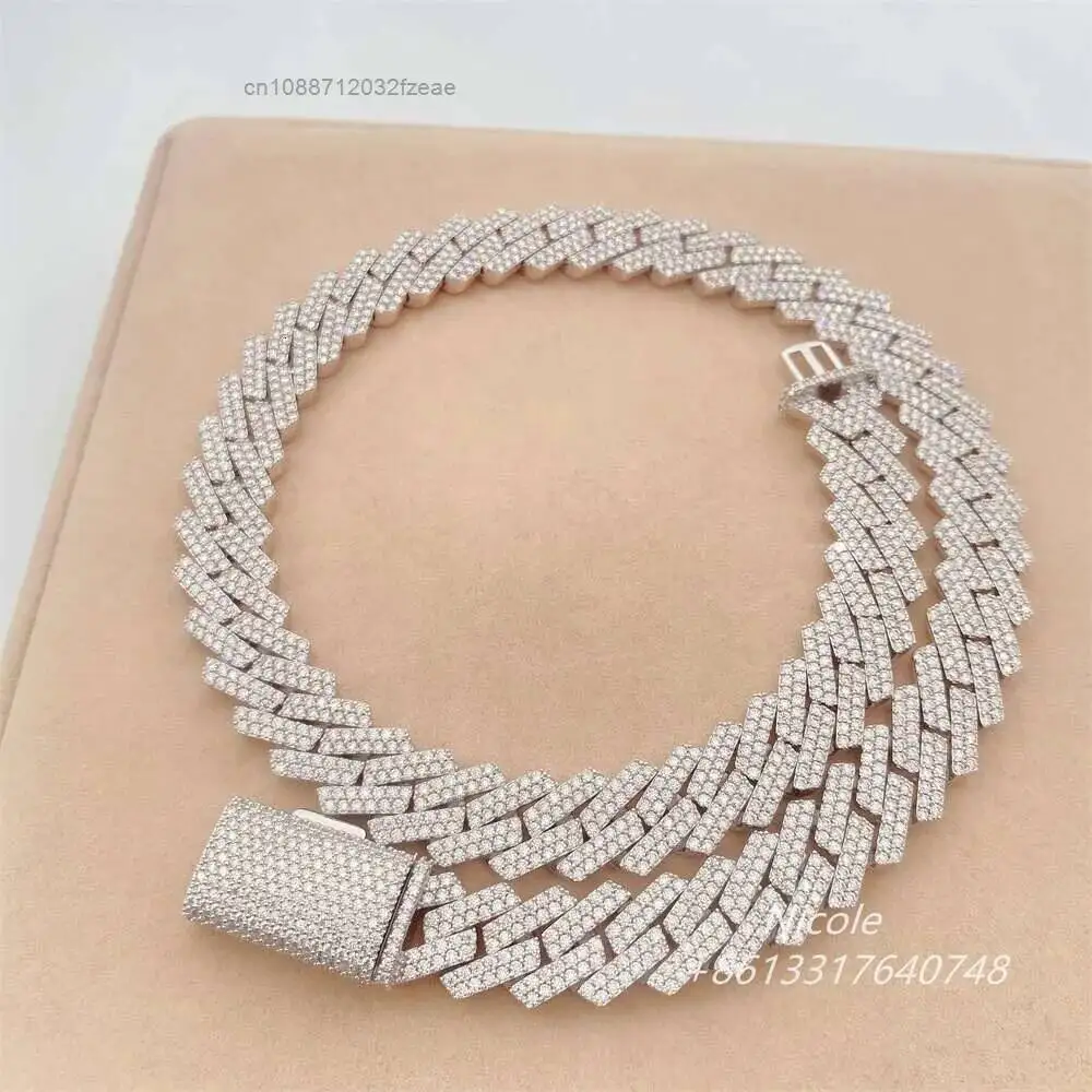 Luxury Hip Hop Jewelry 15mm 2 Rows 20 Inches Iced Out Diamond Miami Men 925 Sterling Silver Cuban Link Necklace.