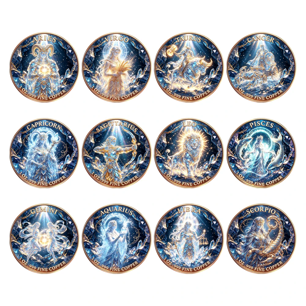 1 Oz Fine Copper Fantasy Art 12 Zodiac Signs Challenge Coin Twelve Constellation Astrology Souvenir Token Gifts for Collection