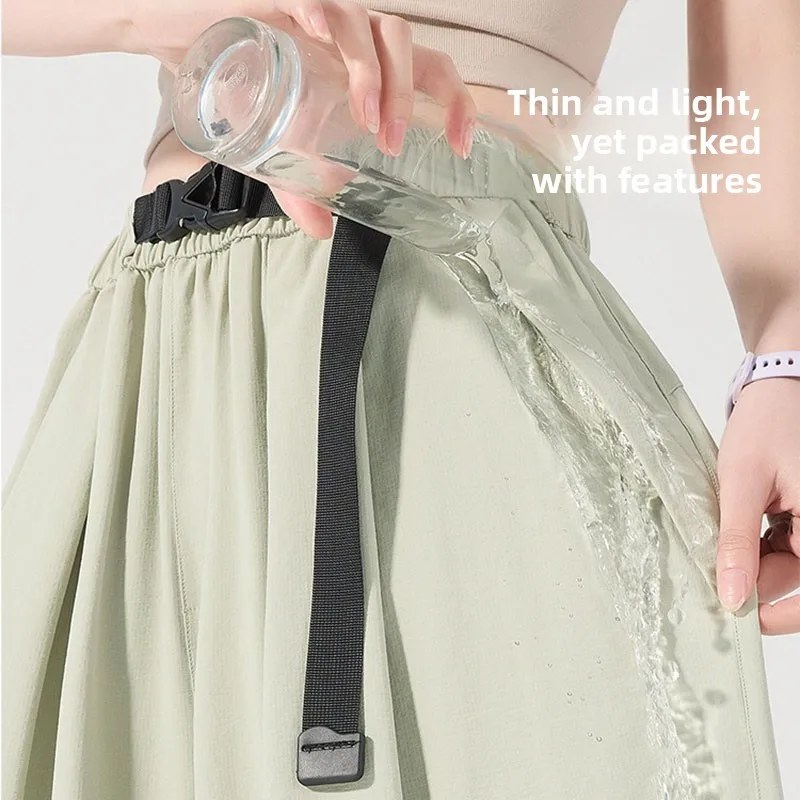 Outdoor Quick Drying Capri Pants Skirt for Women Spring Summer Thin High Waist Hanging Feeling Pants Casual Belt Wide Leg Pants