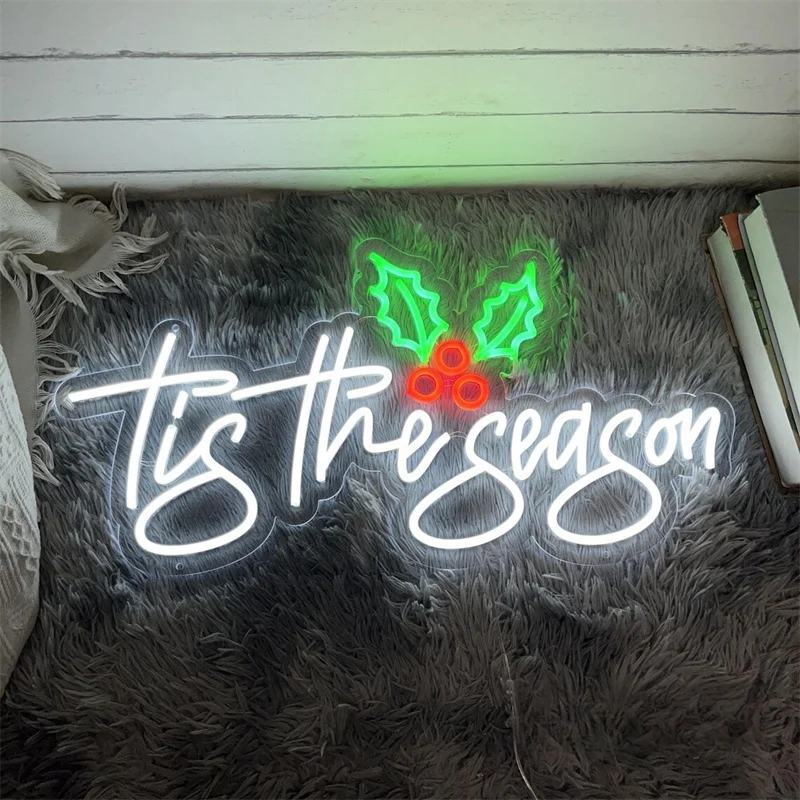 Tis The Season Holly Neon Sign, Custom Christmas LED Neon Light Home Wall Decor Winter Season Holiday Party Decor Christmas Gift