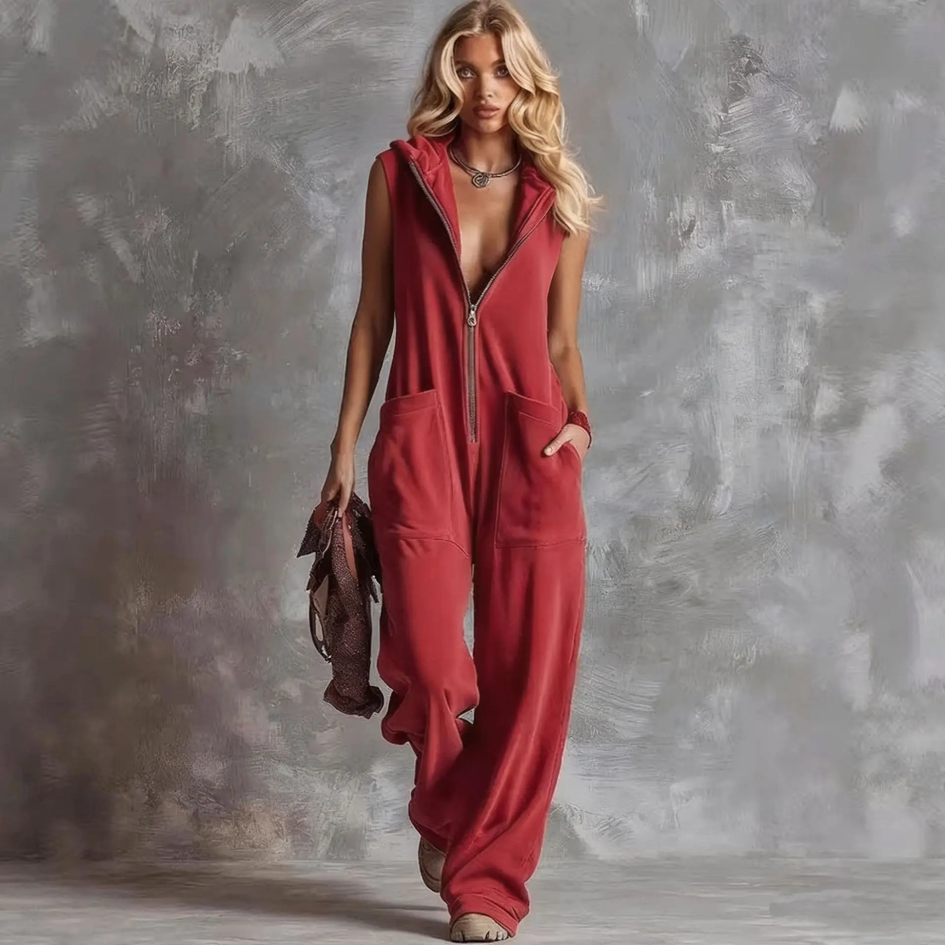Women's Zipper Jumpsuit Retro Hooded V-neck 2026 Spring Summer New Fashion Casual Pocket Sleeveless Solid Color Jumpsuit