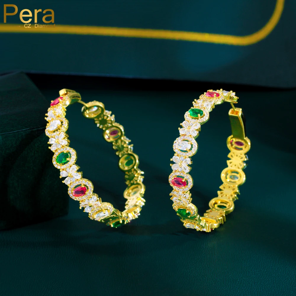 Pera Luxury Indian Gold Plated Colorful Cubic Zirconia Wedding Banquet Party Big Circle Hoop Earrings for Women Jewelry E089