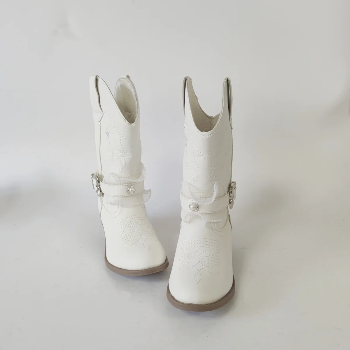 Embroidered Star Buckle Lace Trim Pearls High Boots Round Toe Thick Heel Height Increase Comfortable Mid Calf Boots Girls Boots