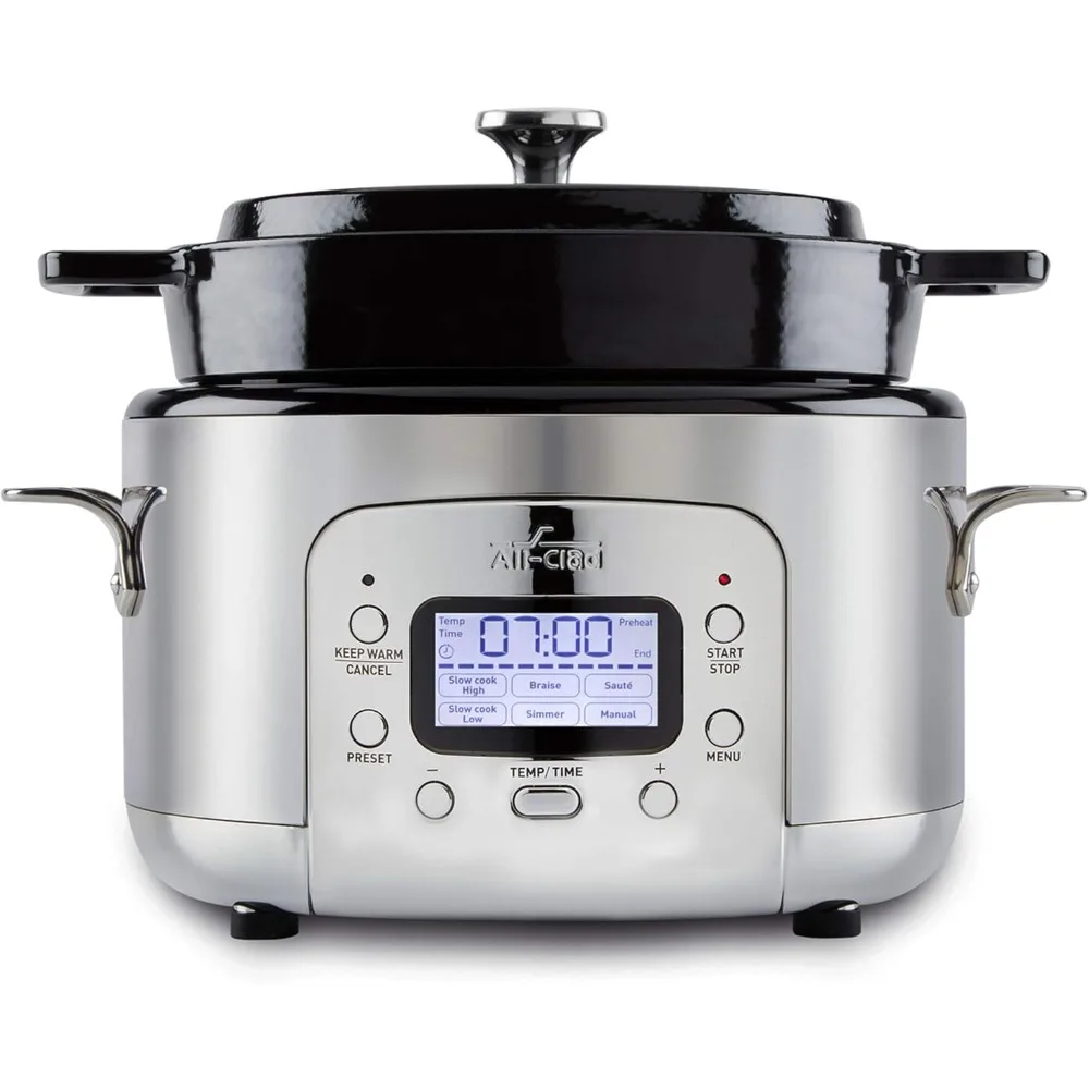 

5 Quart 7-in-1 Electric Slow Cooker with Stainless Steel and Cast Iron, 1200W - Black Enamel Crock