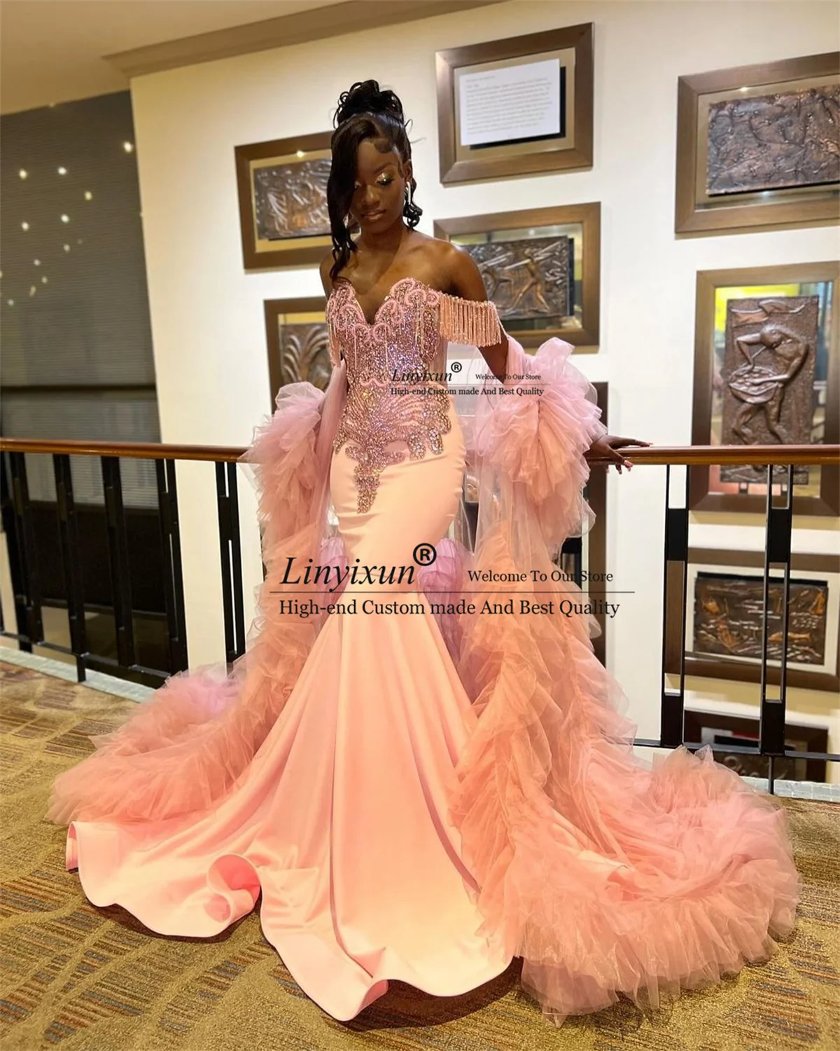 Luxury Beaded Crystals Pink Mermaid Prom Dress Ruffles Sleeves Birthday Evening Party Gown Long Black Girls Gala Robe De Soiree