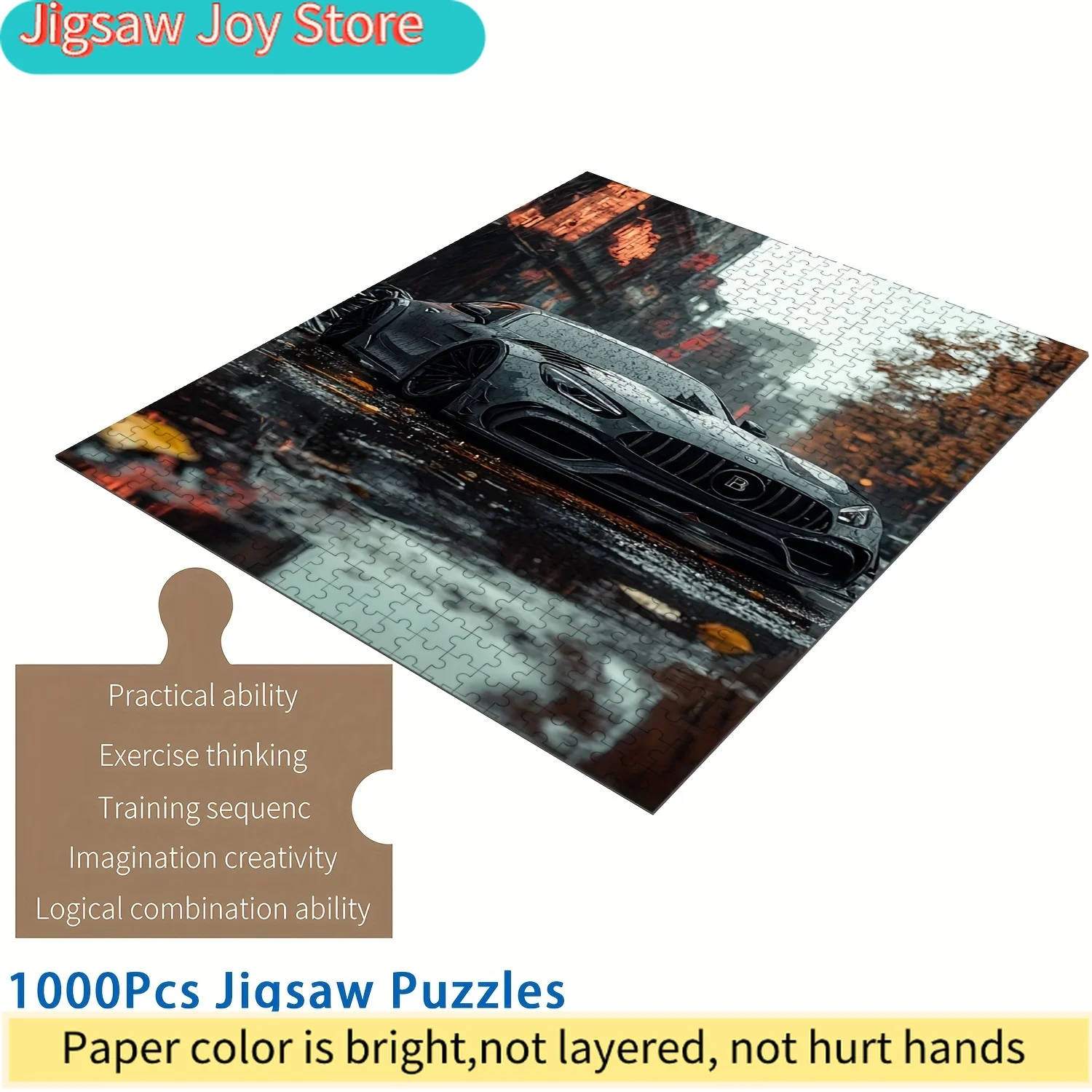 

Sports Car Rainy Urban Scene Wooden Jigsaw Puzzle for & Families - Intermediate Challenge, Vibrant Colors, Portable & Scratch