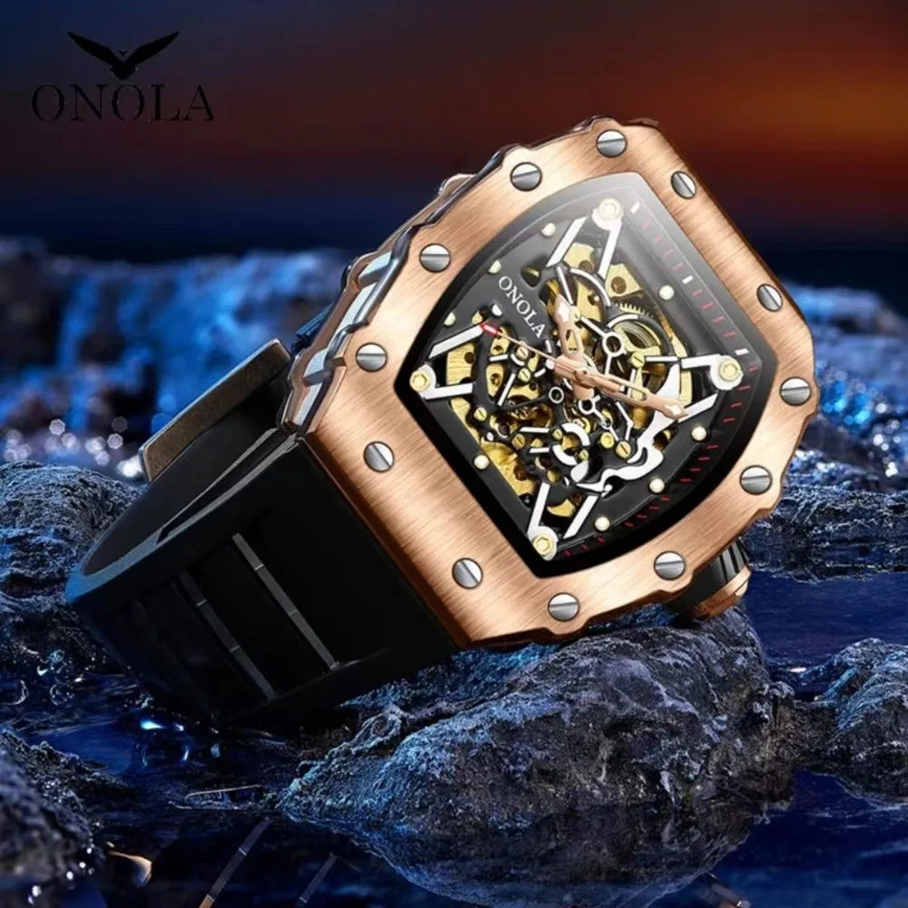 ONOLA Mechanical Watch for Men Barrel Shaped Dial Waterproof Luminous Sports Casual Silicone Strap Men Watch Reloj Hombre