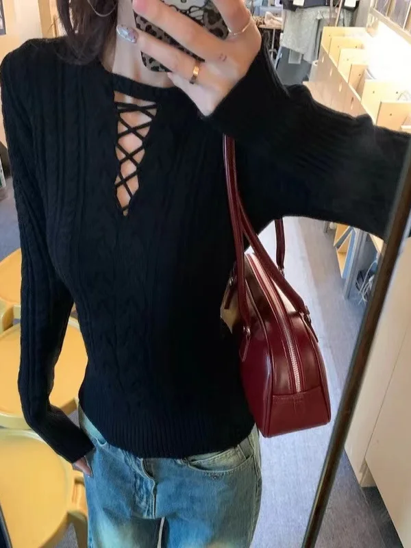 Amerikaanse Retro Twist uitgeholde taille afslankbasis gebreide dames Faion slanke innerlijke slijtage Pure Desire gebreide top