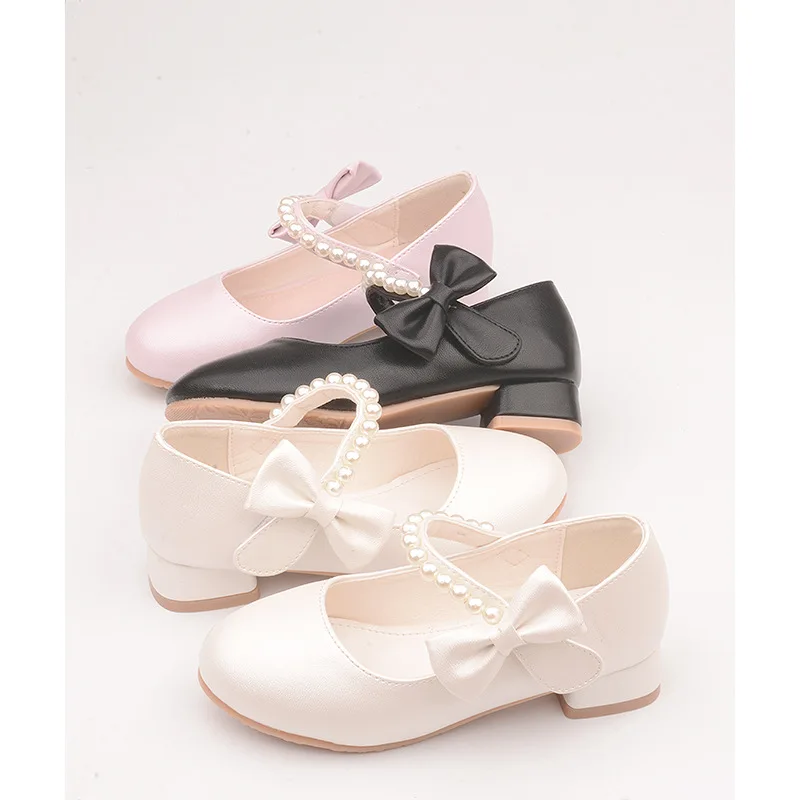 White Bow Spring and Autumn Girls High Heel Princess Shoes Pearl Tide Pumps