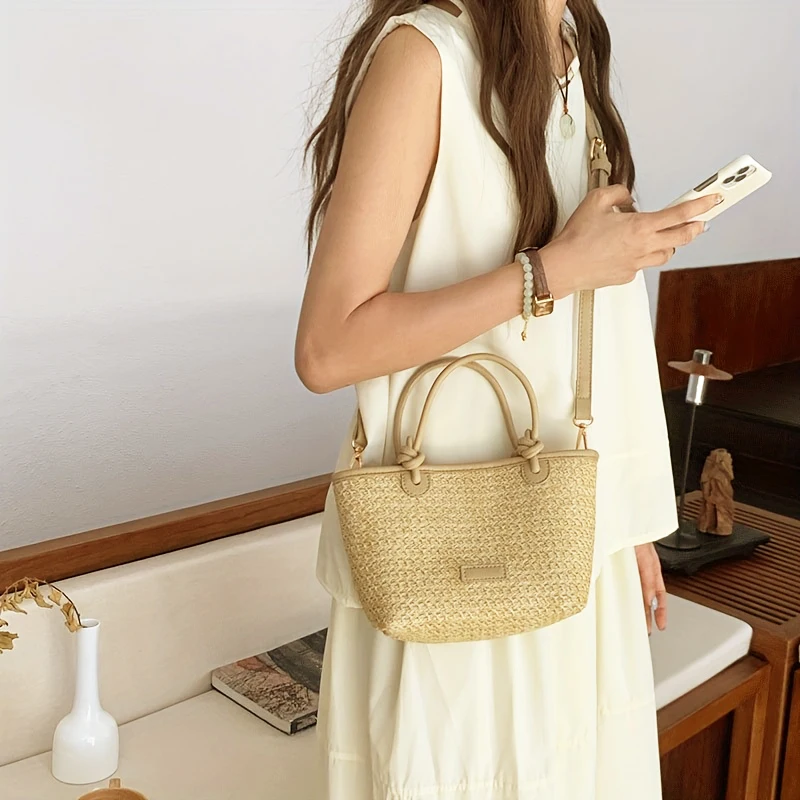 Vacation beach style woven bag, hand-held crossbody bag, new women's bag, rope knot vegetable basket bag, woven bag