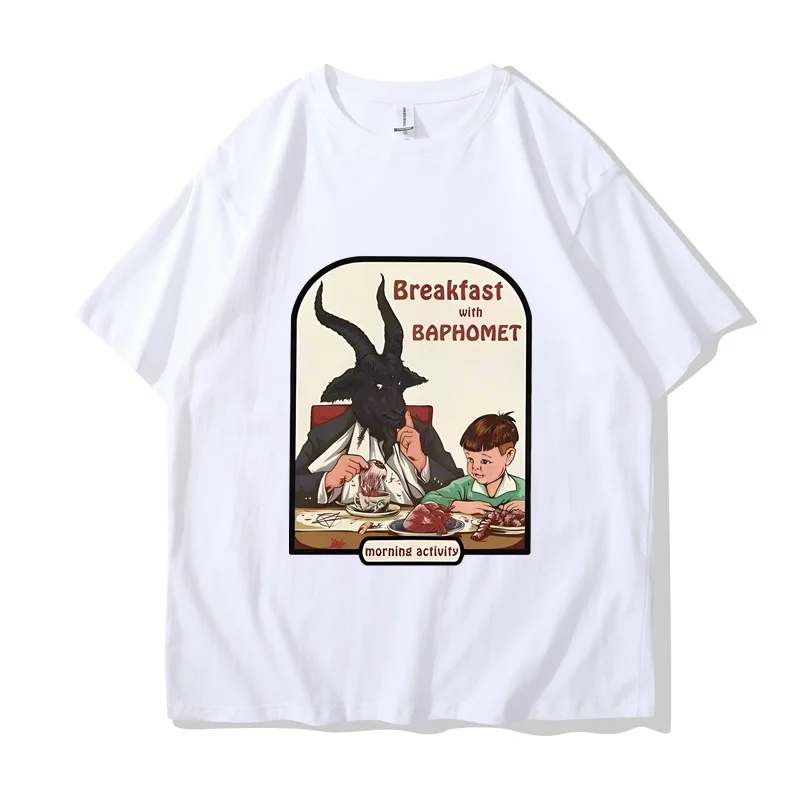 Men Casual Short Sleeve TShirt Classic Breakfast with Baphomet T Shirt Women Male Summer Tops Funny Devil Satan Demon Goat Tee