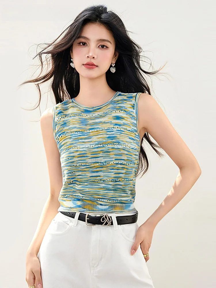 

La Chapelle Slim Fit adient Color Blo Knitted Vest Women's Svel round Ne ort Length Summer Top Pure Desire Sle