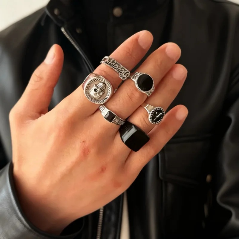 European and American Retro Silver Ring Set, Skull Black Stone Letter Engraved Ring, Personalized Punk Street Style Wide Ring, Trendy Stackable Jewelry for Men and Women