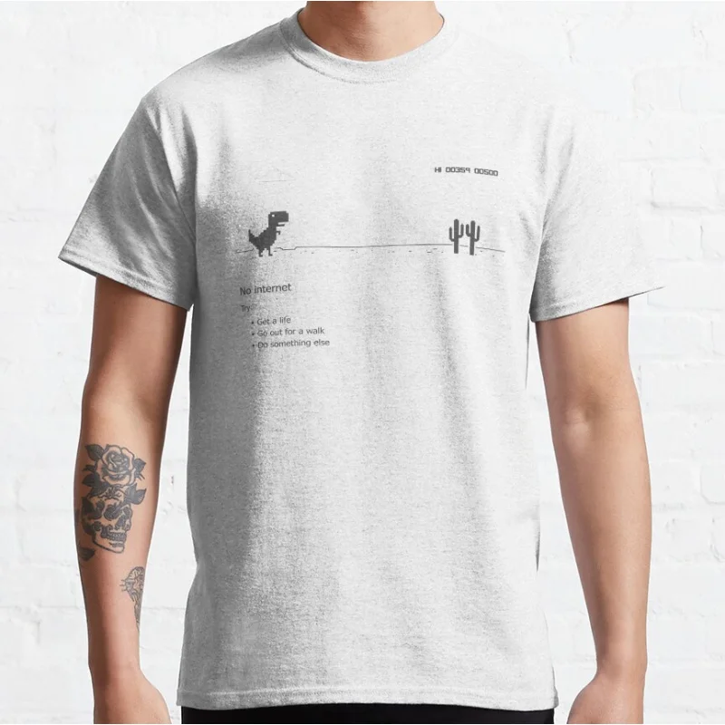 Error dino - no internet connection Funny offline t rex 90s cartoon pixel video game dinosaur T-shirt large size Adult Tops