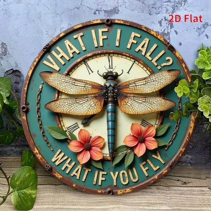 Rustic Round Metal Wall Sign- Vintage-Inspired Iron Decorative Plaque with Dragonfly , Unique Door Hanger for Home
