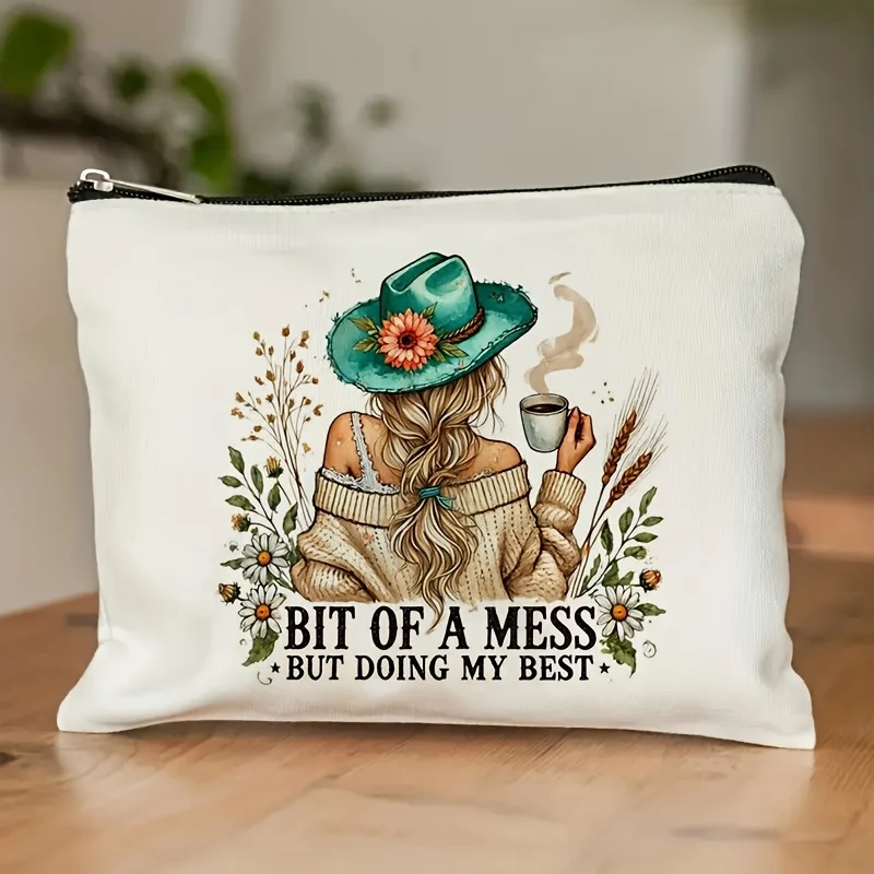 

A Charming Floral And Coffee-themed Makeup Bag - Multifunctional Zipper Pouch, Jewelry Storage Bag