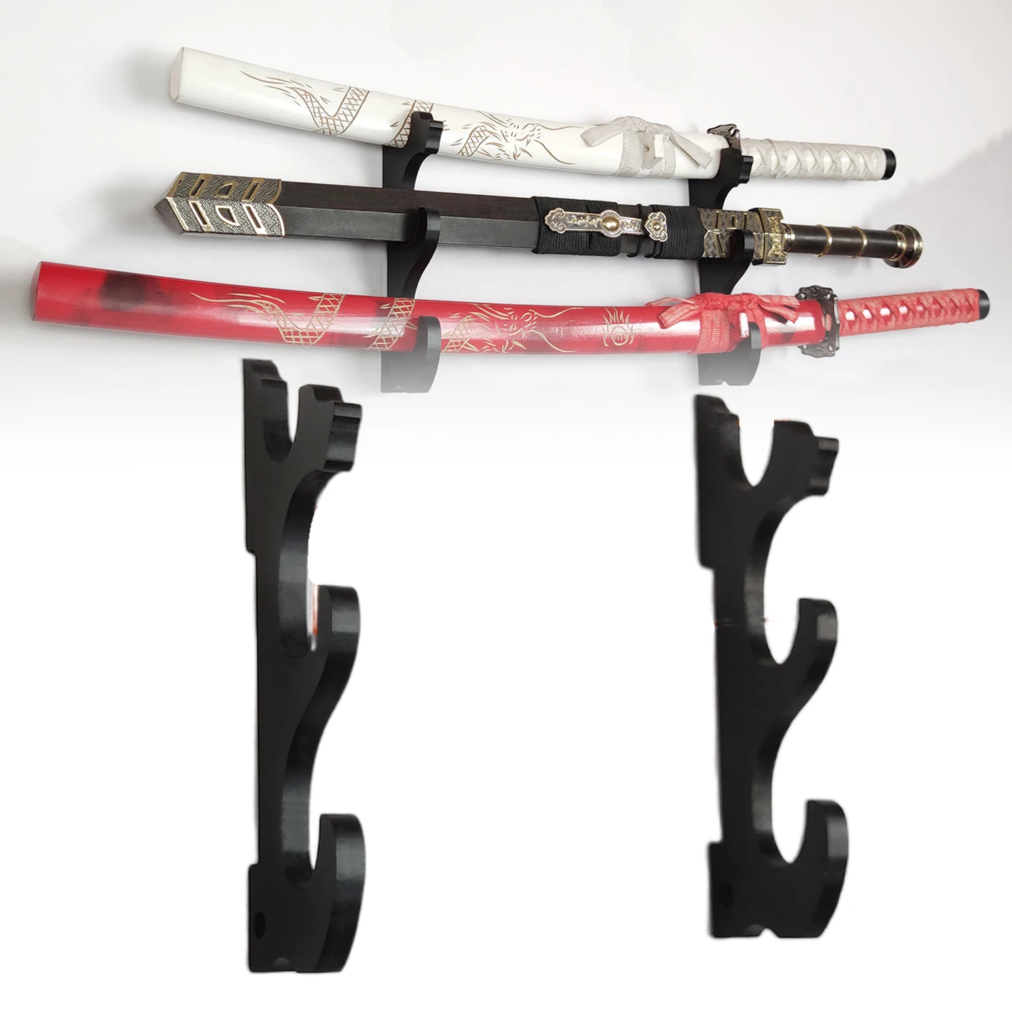 3-layers Wall Katana Shelf Support Holder Wooden Real Japanese Katana Samurai Sabre Sword Storage Rack Knife Display Organizer